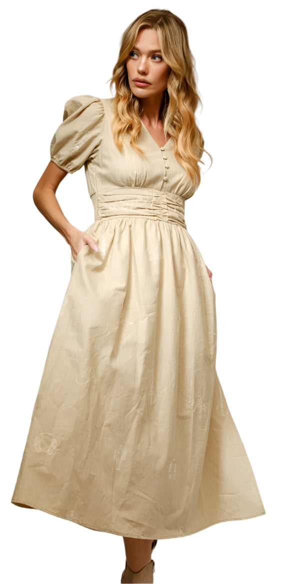 WESTERN EMBROIDERED PUFF SLEEVE MIDI DRESS in TAUPE