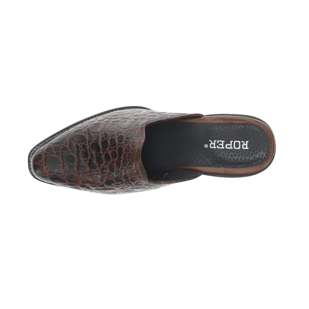 ROPER "LYNELLE" EMBOSSED CAIMAN PRINT SLIP ON MULES - BROWN LEATHER