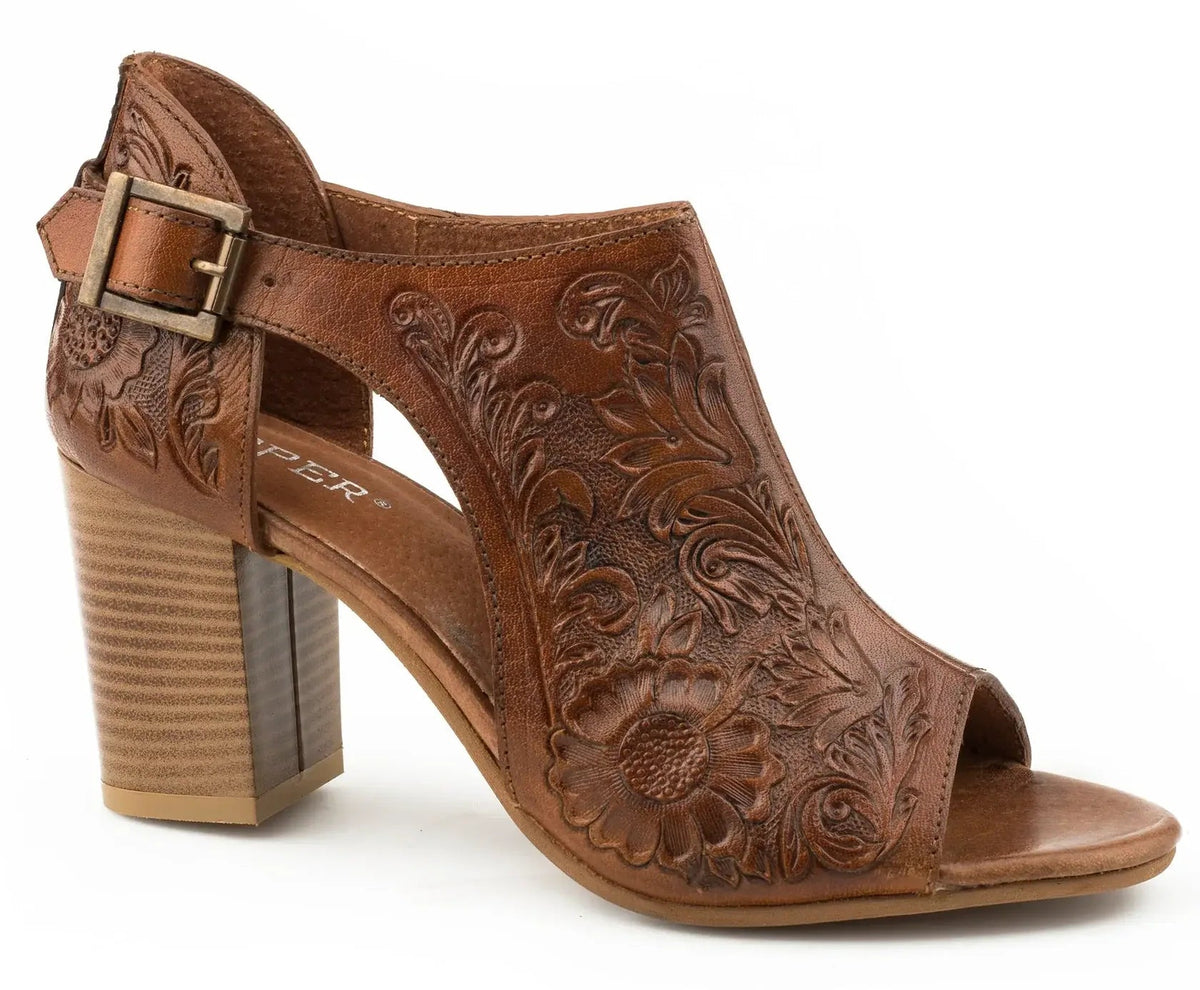 WOMEN'S ROPER TAN FLORAL TOOLED LEATHER CLOSED HEEL SANDAL