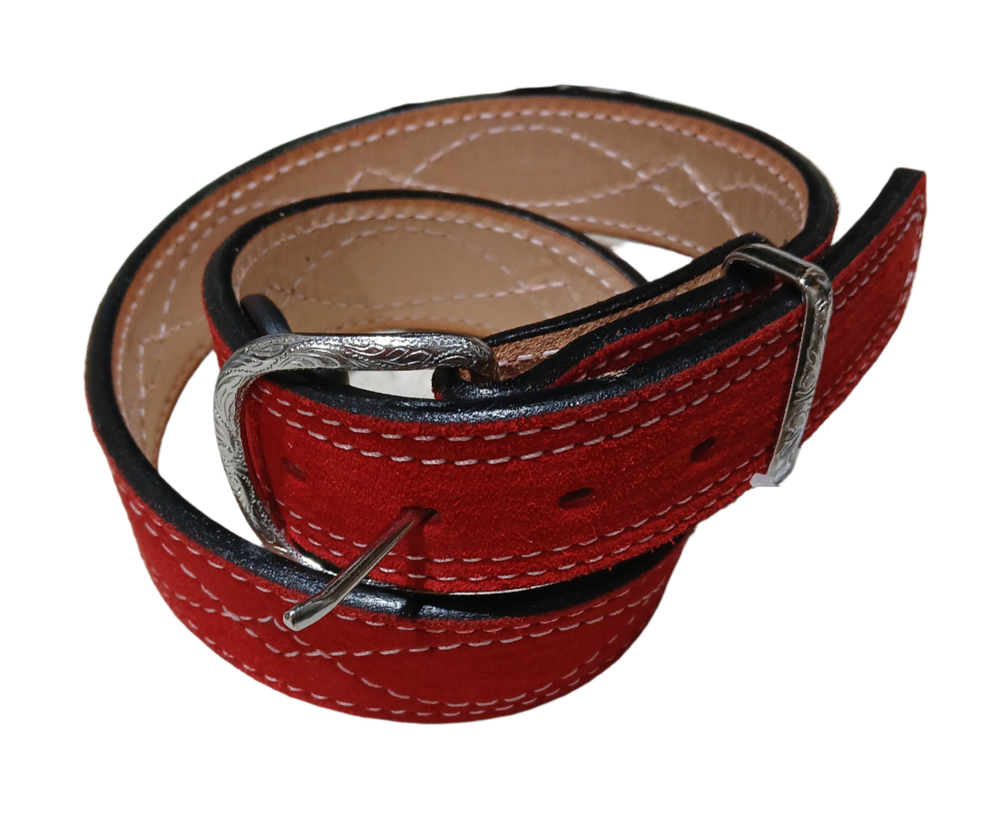 LADIES' RED SUEDE BELT WITH WHITE STITCHING