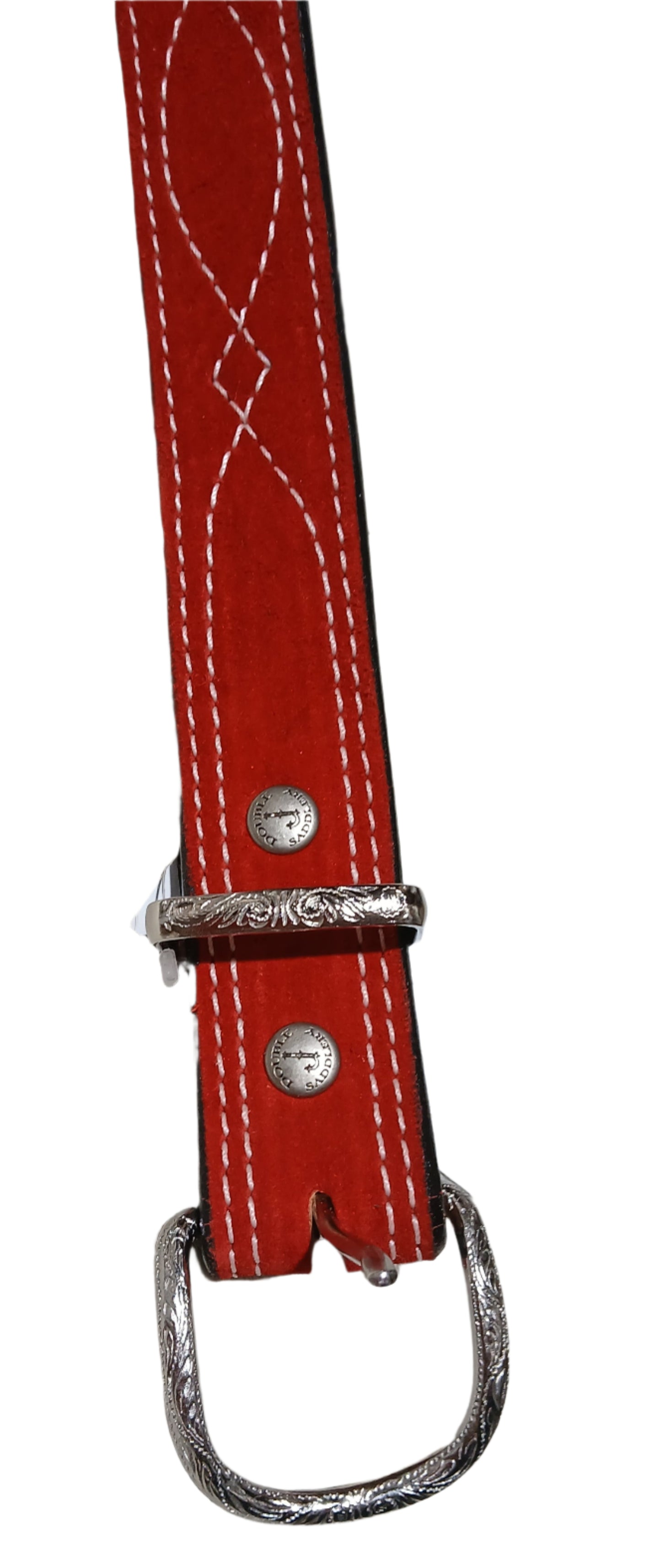 LADIES' RED SUEDE BELT WITH WHITE STITCHING