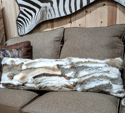 RABBIT FUR PATCH LARGE LUMBAR PILLOW - BROWN