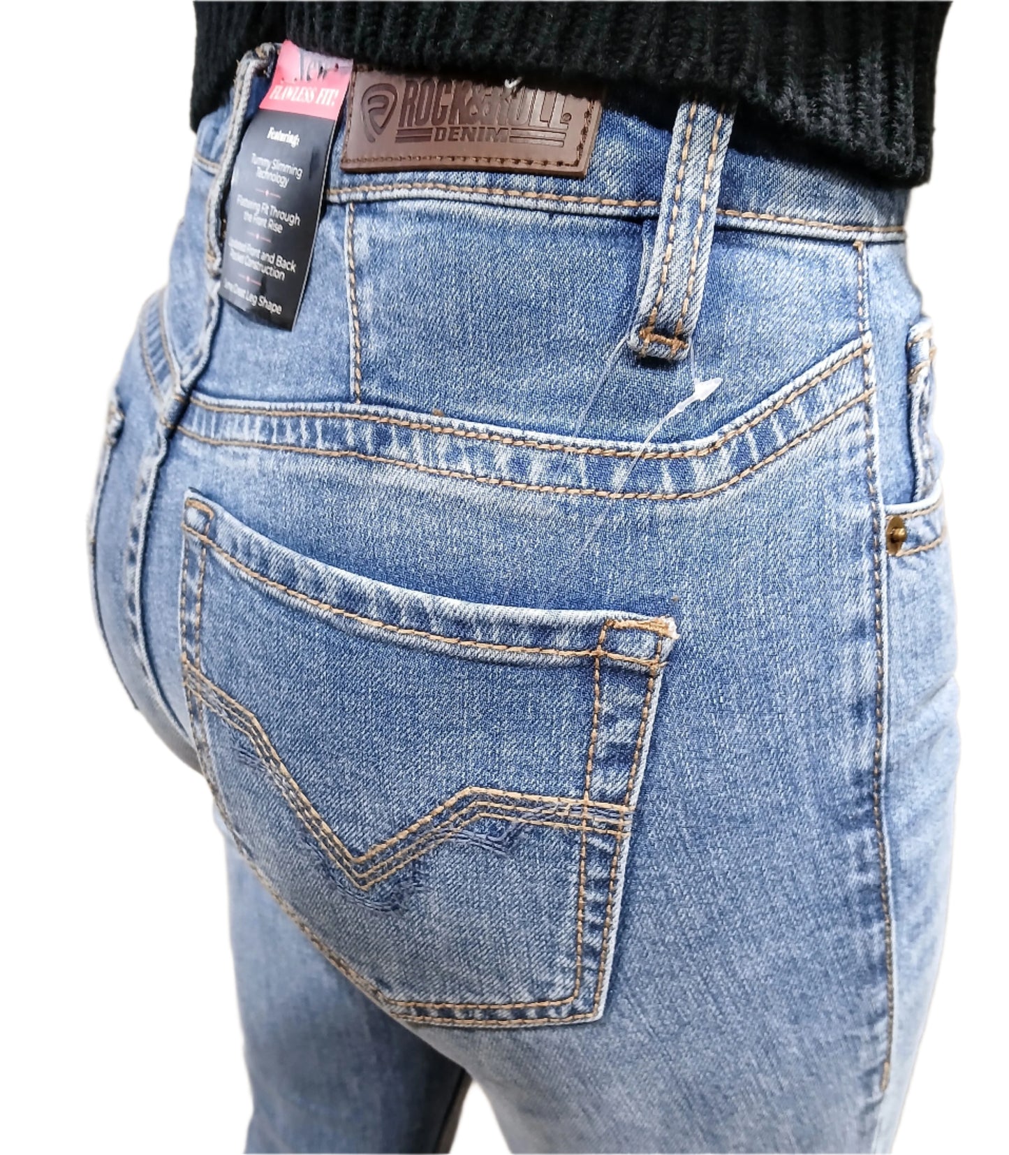 ROCK AND ROLL DENIM LADIES YOKE DETAIL HIGH RISE BOOTCUT JEANS - MEDIUM WASH