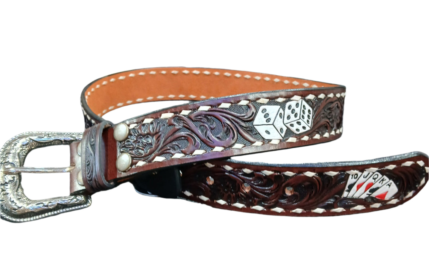 WESTERN 1 1/2" TOOLED POKER DICE BELT - BROWN