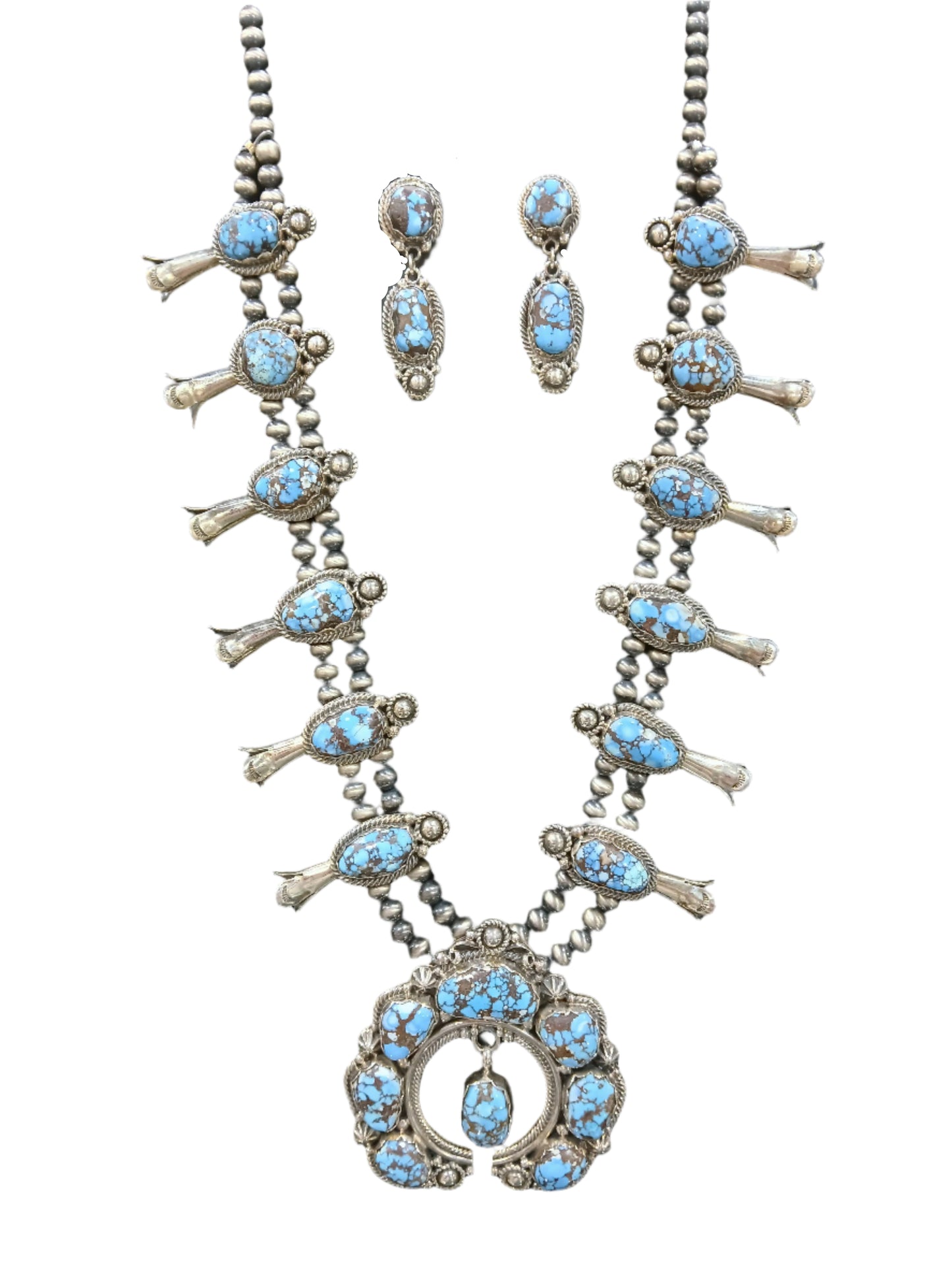 GOLDEN HILLS TURQUOISE SQUASH BLOSSOM NECKLACE/EARRING SET