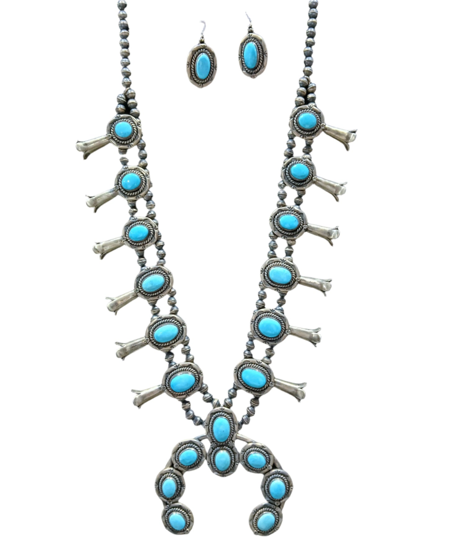 SLEEPING BEAUTY TURQUOISE STERLING SILVER SQUASH BLOSSOM SET