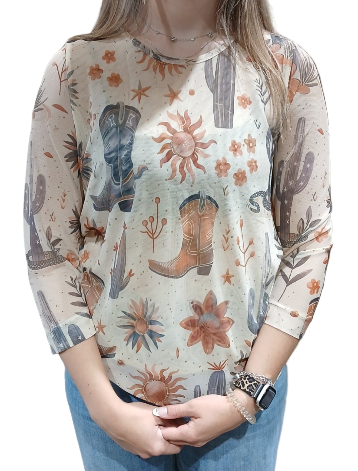 WESTERN PRINT MESH 3/4 SLEEVE TOP-BOOTS N' CACTUS