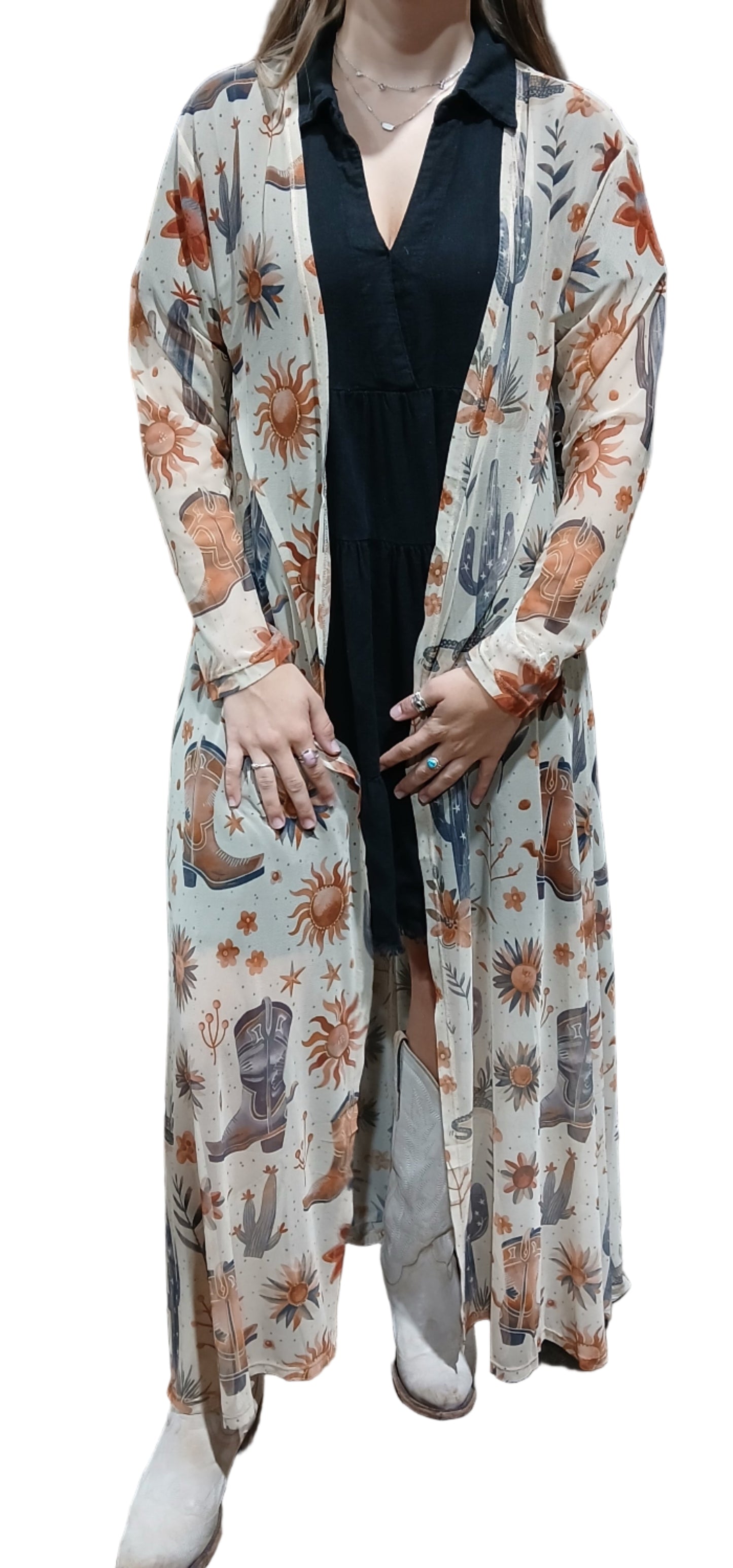 WESTERN PRINT MESH DUSTER - TAN/BOOTS