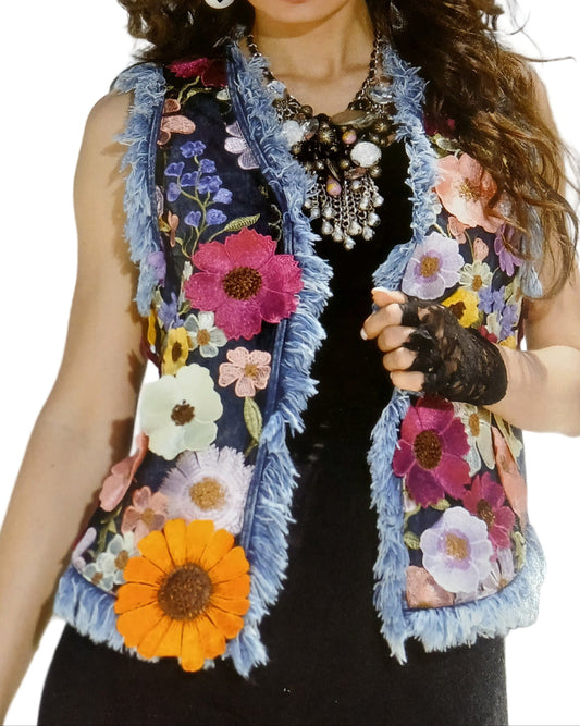 ADORE VEST WITH 3D FLORAL DETAIL in STONE WASH DENIM