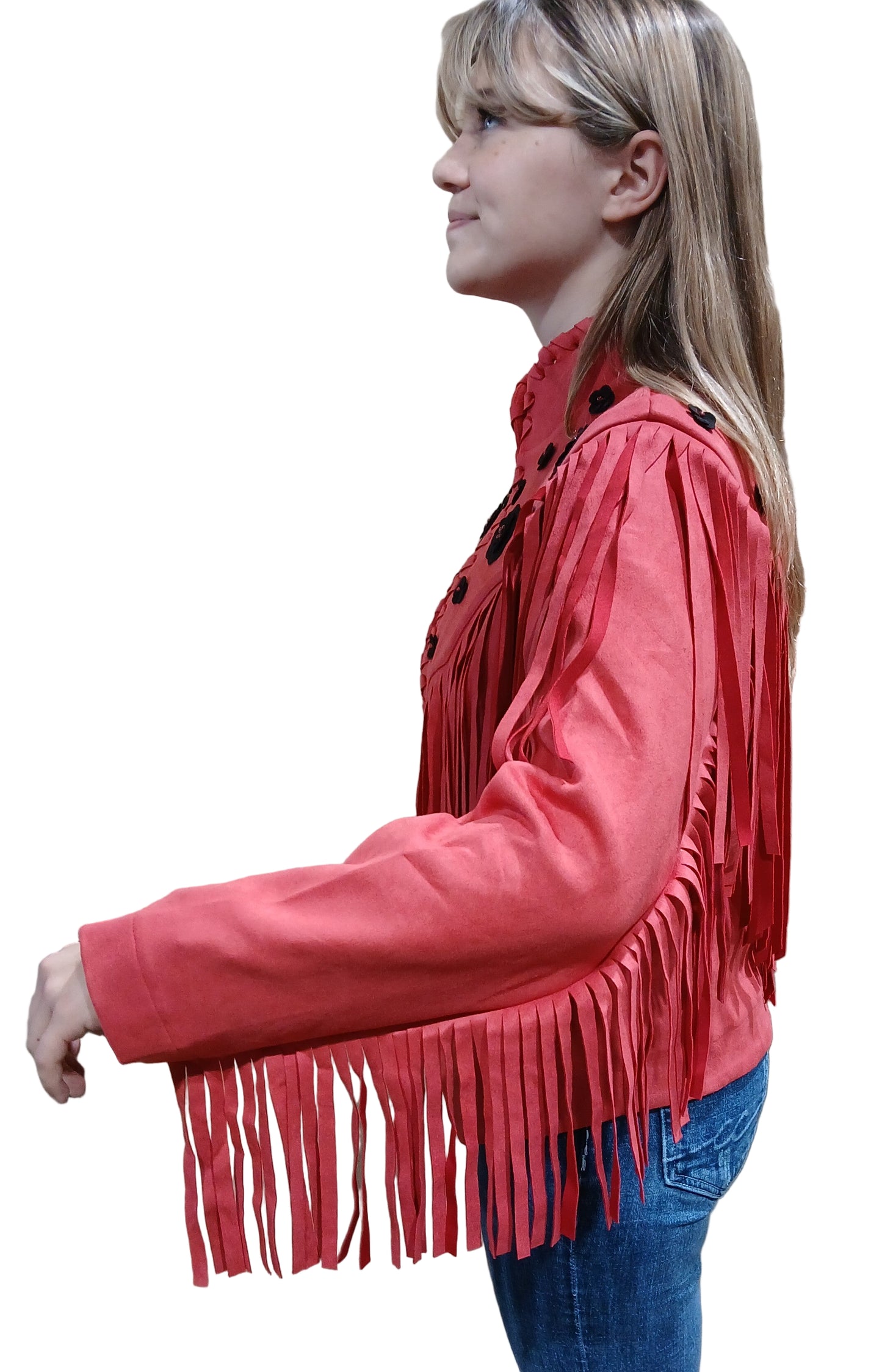 W.A.Y. SUEDE WHIPSTITCH FRINGE JACKET WITH BLACK FLOWER DETAIL in RED