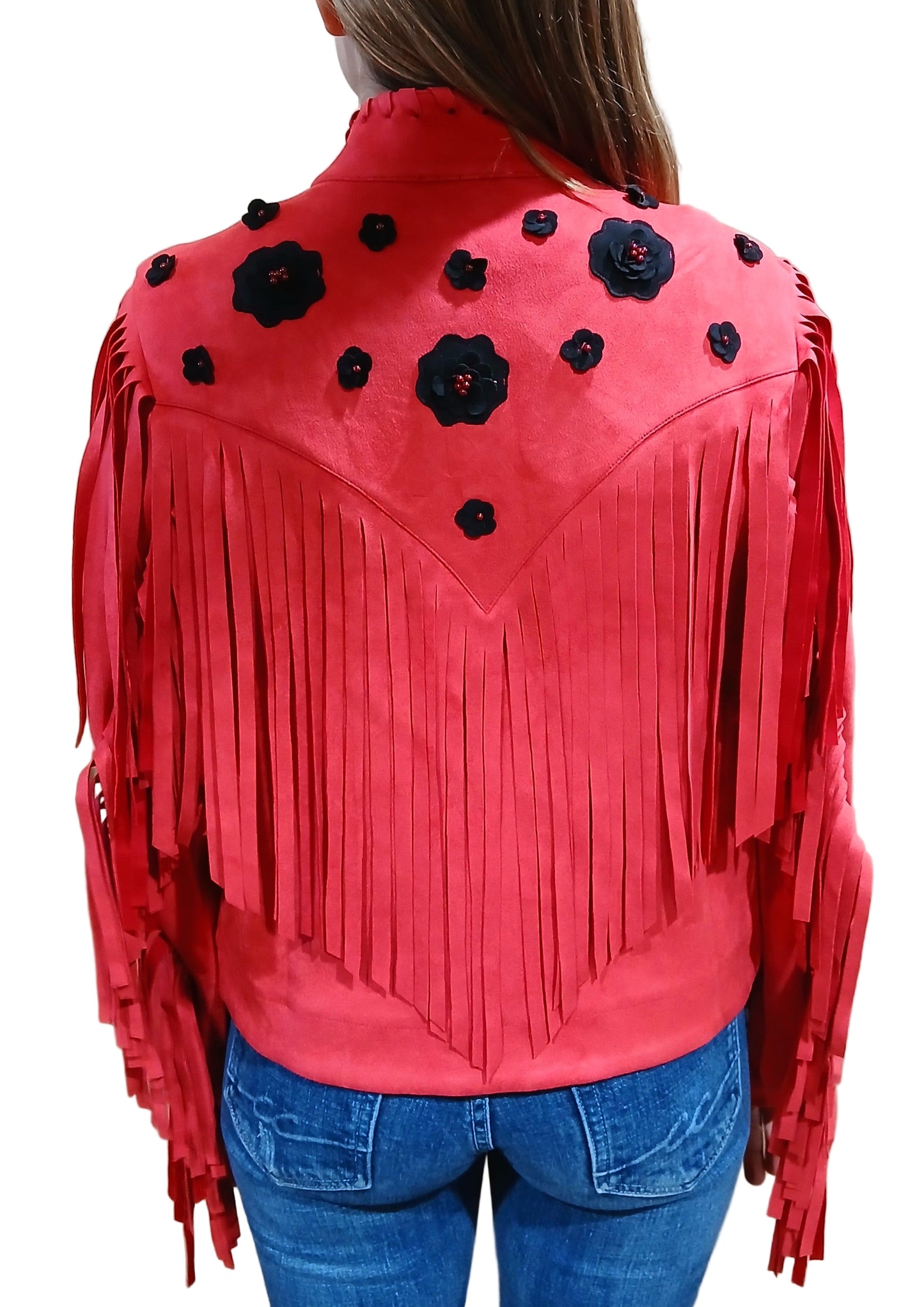 W.A.Y. SUEDE WHIPSTITCH FRINGE JACKET WITH BLACK FLOWER DETAIL in RED