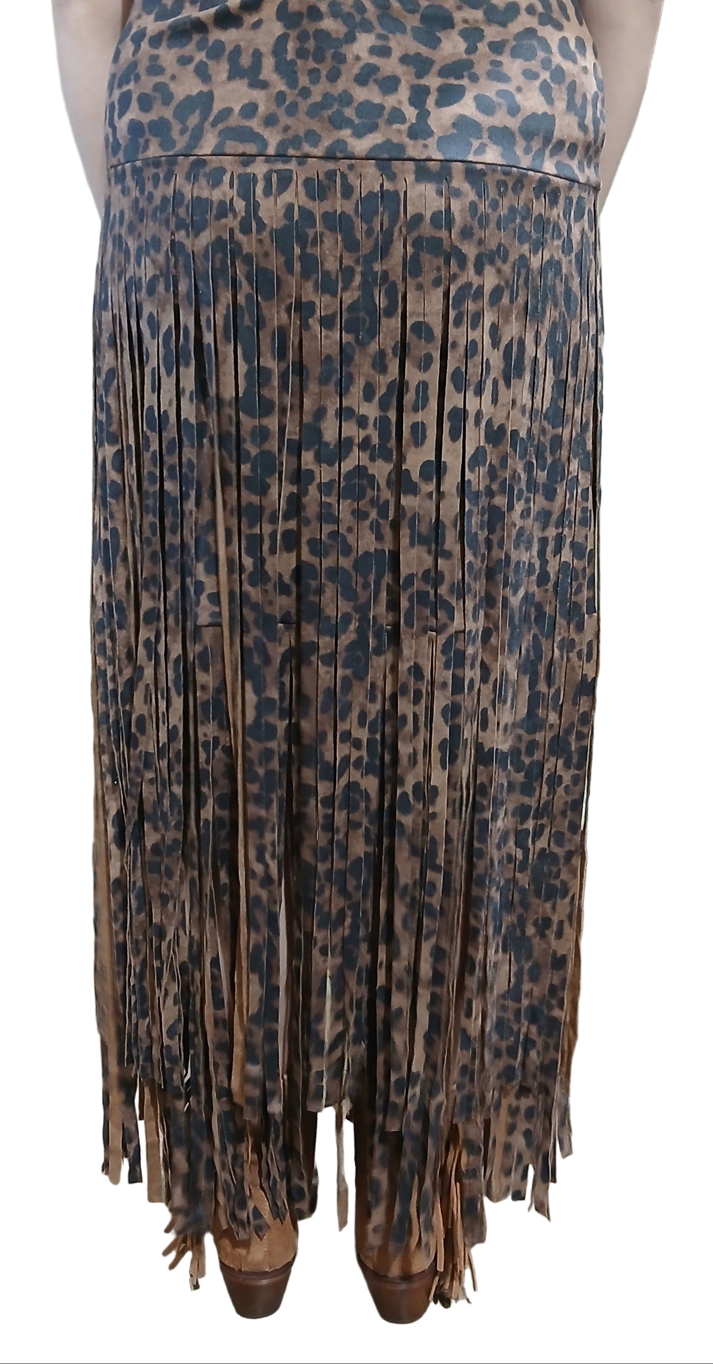 W.A.Y. LONG SUEDE FRINGE SKIRT in LEOPARD