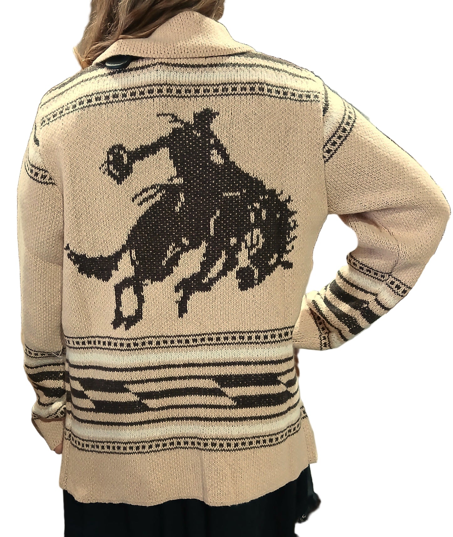 WESTERN PRINT SHAWL COLLAR KNIT CARDIGAN in CREAM/BROWN