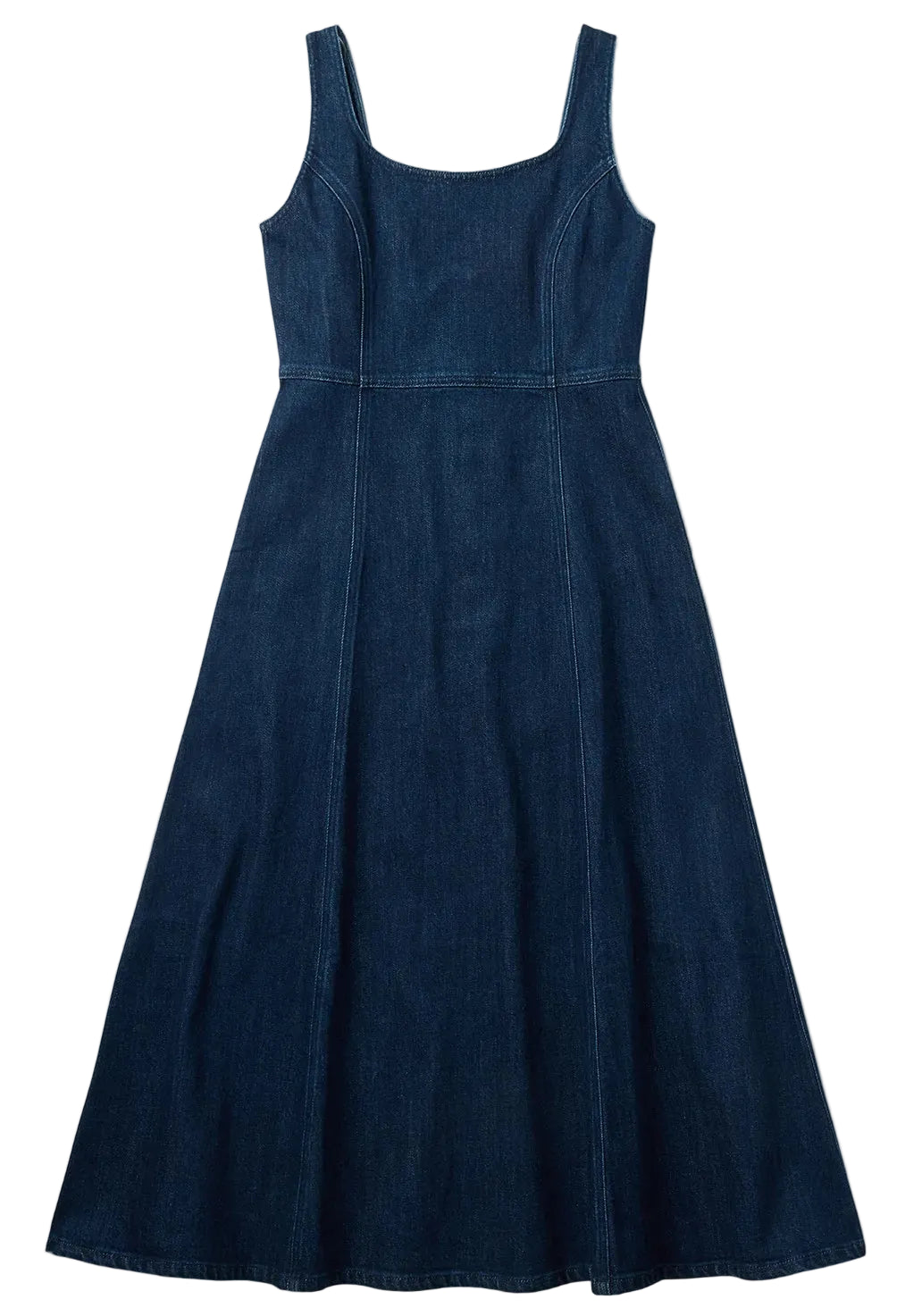 denim stretch midi dress Belted Drop Waist Stretch Midi Denim Dress Dark Wash Denim / 12