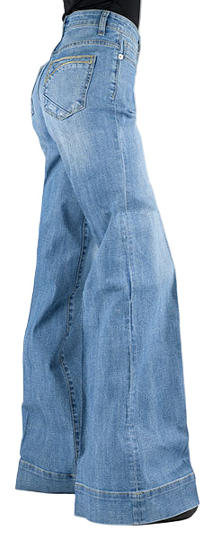 STETSON WOMEN'S DIAGONAL PIECED BACK POCKET WIDE LEG MED WASH JEANS