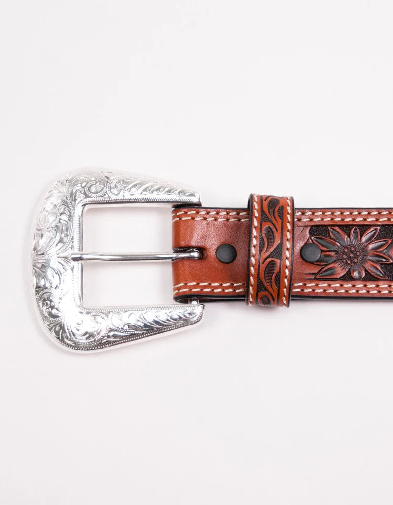 MEN'S BELT WITH FLORAL TOOLING in COGNAC