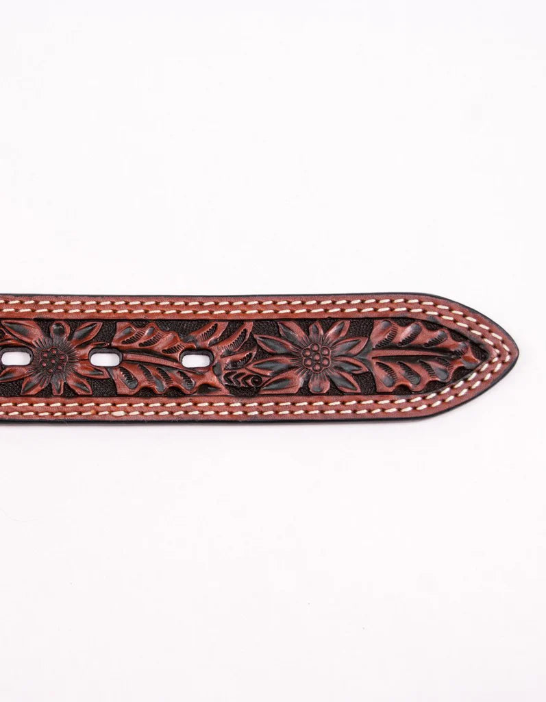 MEN'S BELT WITH FLORAL TOOLING in COGNAC