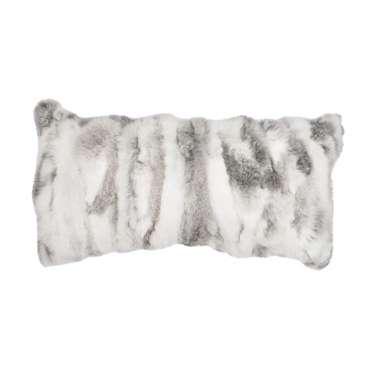 RABBIT FUR PATCH SMALL LUMBAR PILLOW - GREY