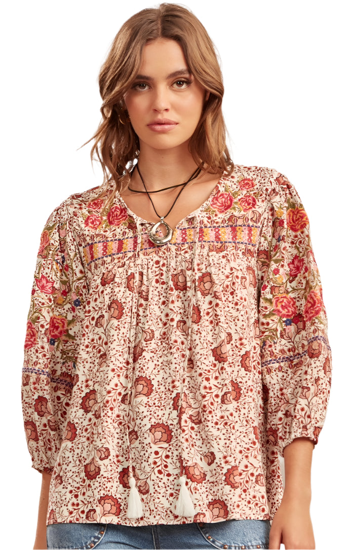 PLUS SIZE SAVANNA JANE V-NECK EMBROIDERED BABYDOLL TOP in RUST