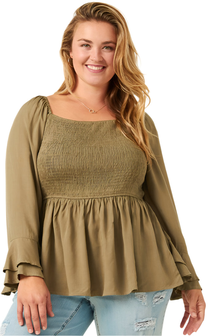 LADIES PLUS SIZE SMOCKED PEPLUM TOP WITH RUFFLED SLEEVES in OLIVE
