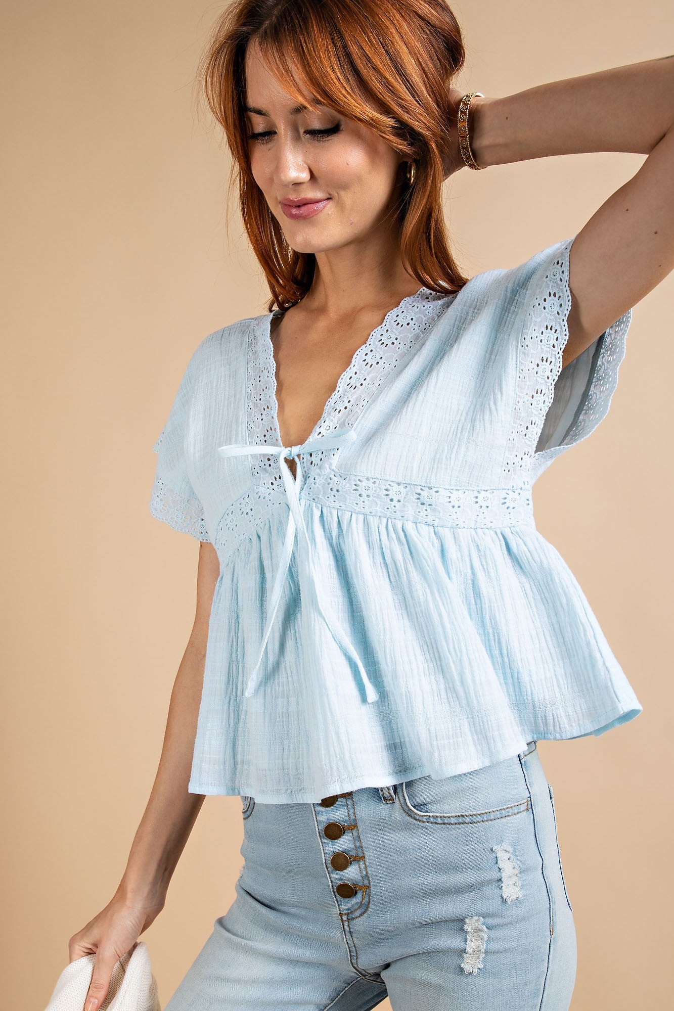 EASEL COTTON GAUZE LACE TRIM PEPLUM TOP | FREDERICKSBURG – Yee Haw Ranch  Outfitters