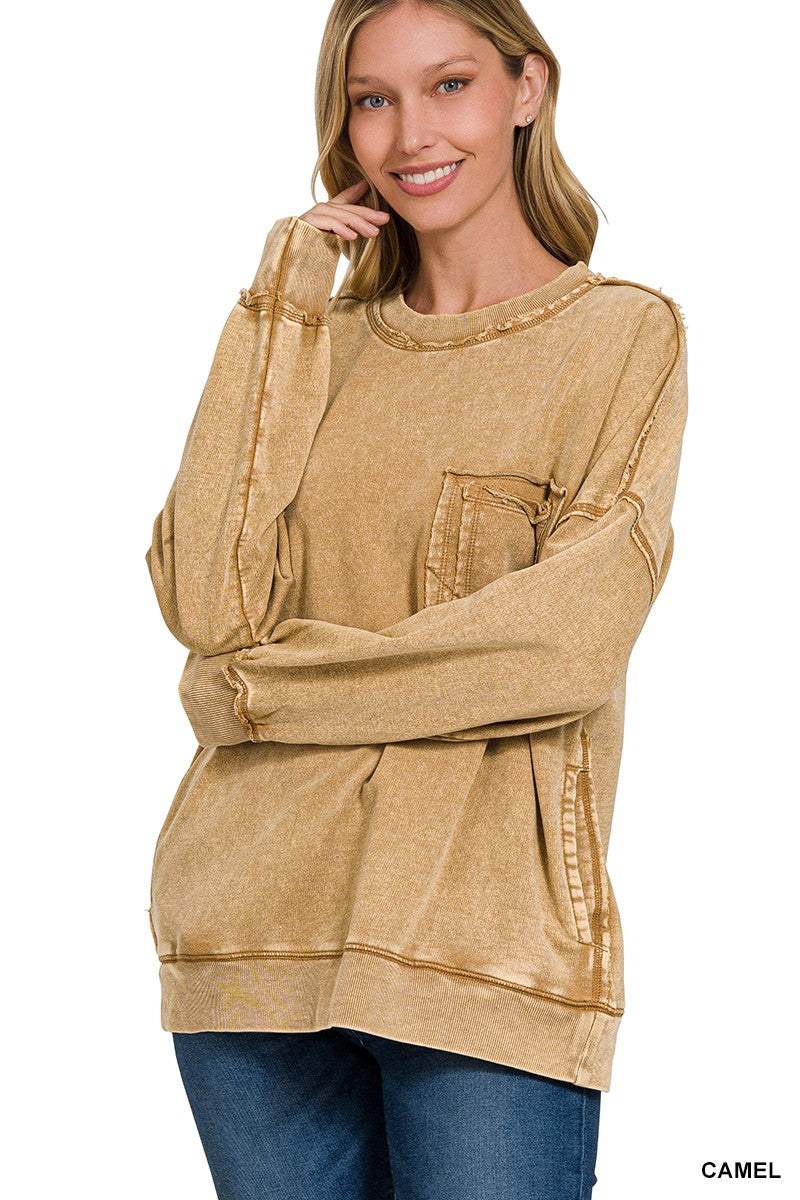 FRENCH TERRY ACID WASH FRONT POCKET PULLOVER in CAMEL