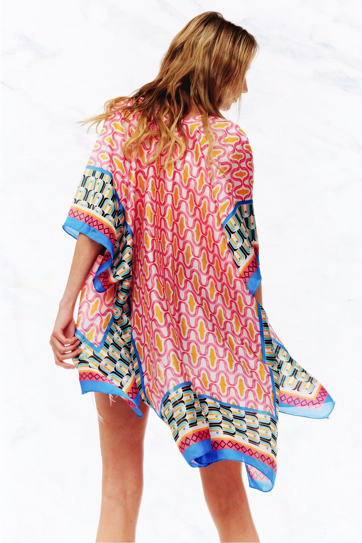 MULTI-PRINT SILKY KIMONO in PINK BLUE