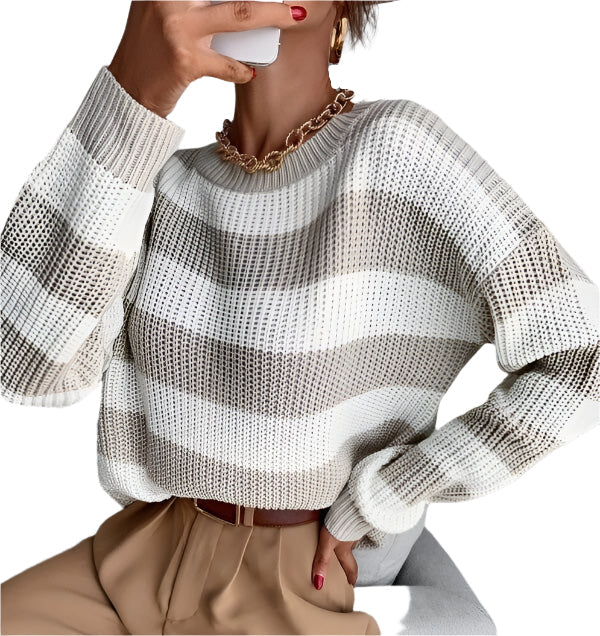 LADIES STRIPE KNIT SWEATER in WHITE/TAUPE