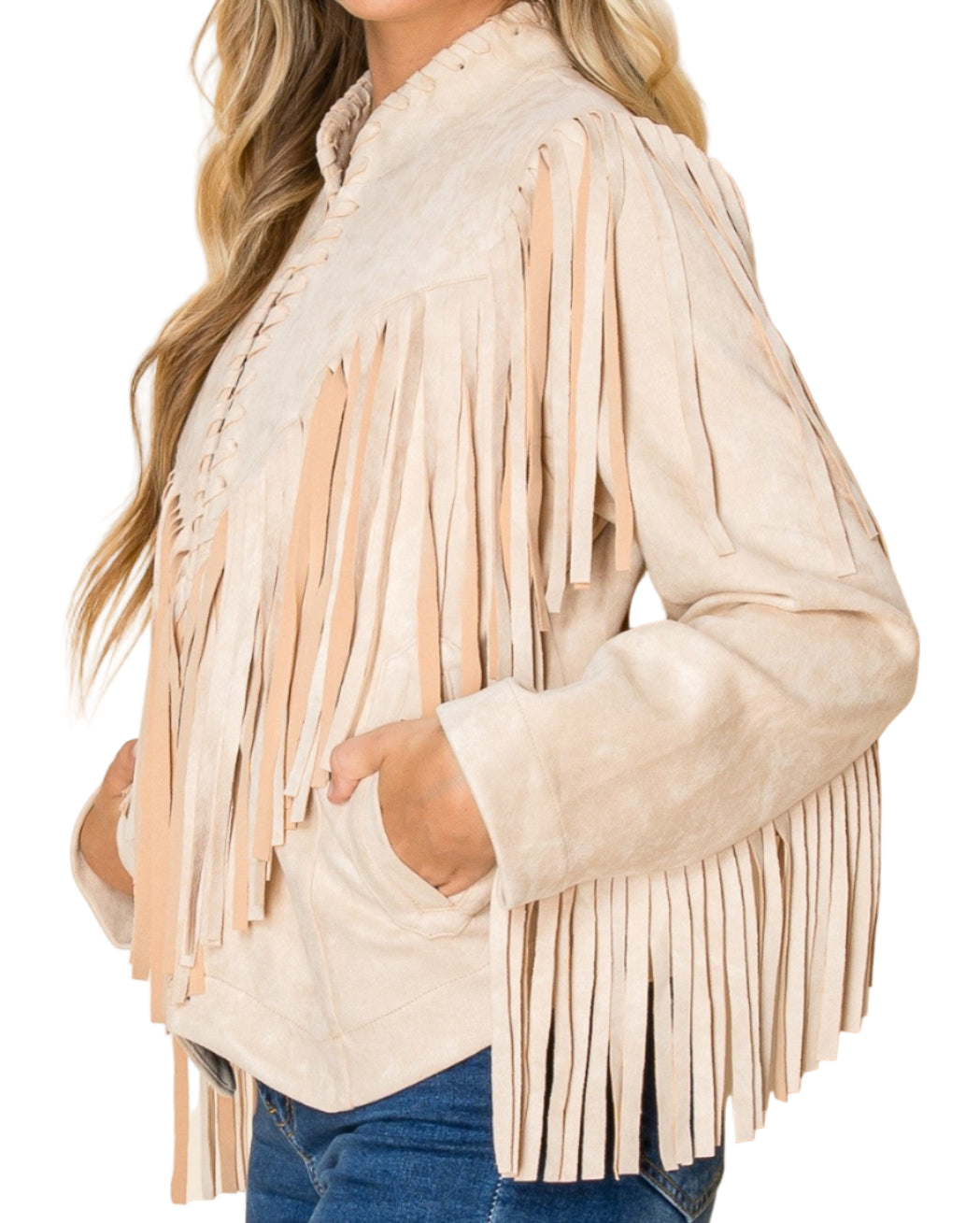 W.A.Y. WHIPSTITCH FRINGE JACKET in TAN/BONE