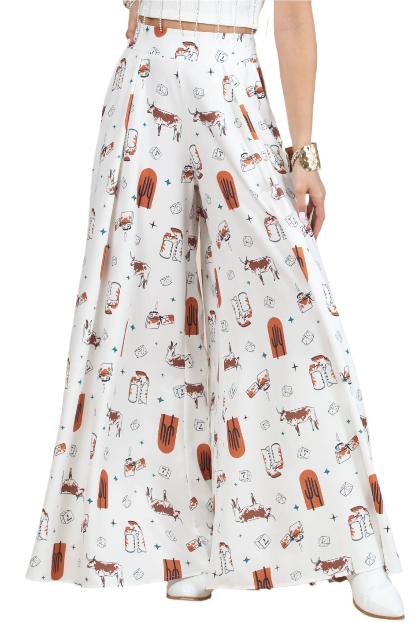 LADIES WESTERN FARM GRAPHIC WIDE FLARE PALAZZO PANTS