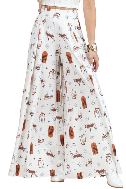 LADIES WESTERN FARM GRAPHIC WIDE FLARE PALAZZO PANTS