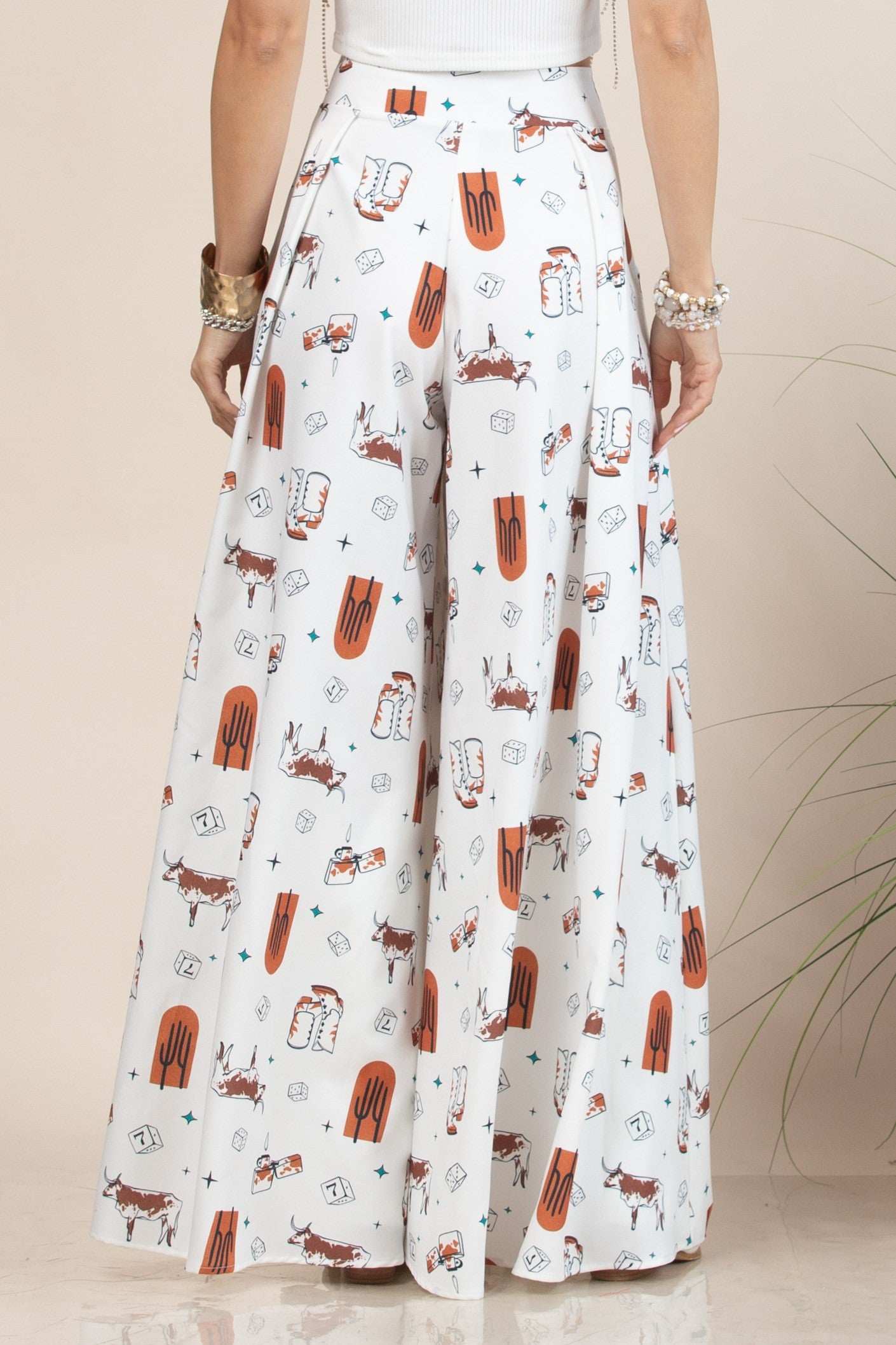 LADIES WESTERN FARM GRAPHIC WIDE FLARE PALAZZO PANTS
