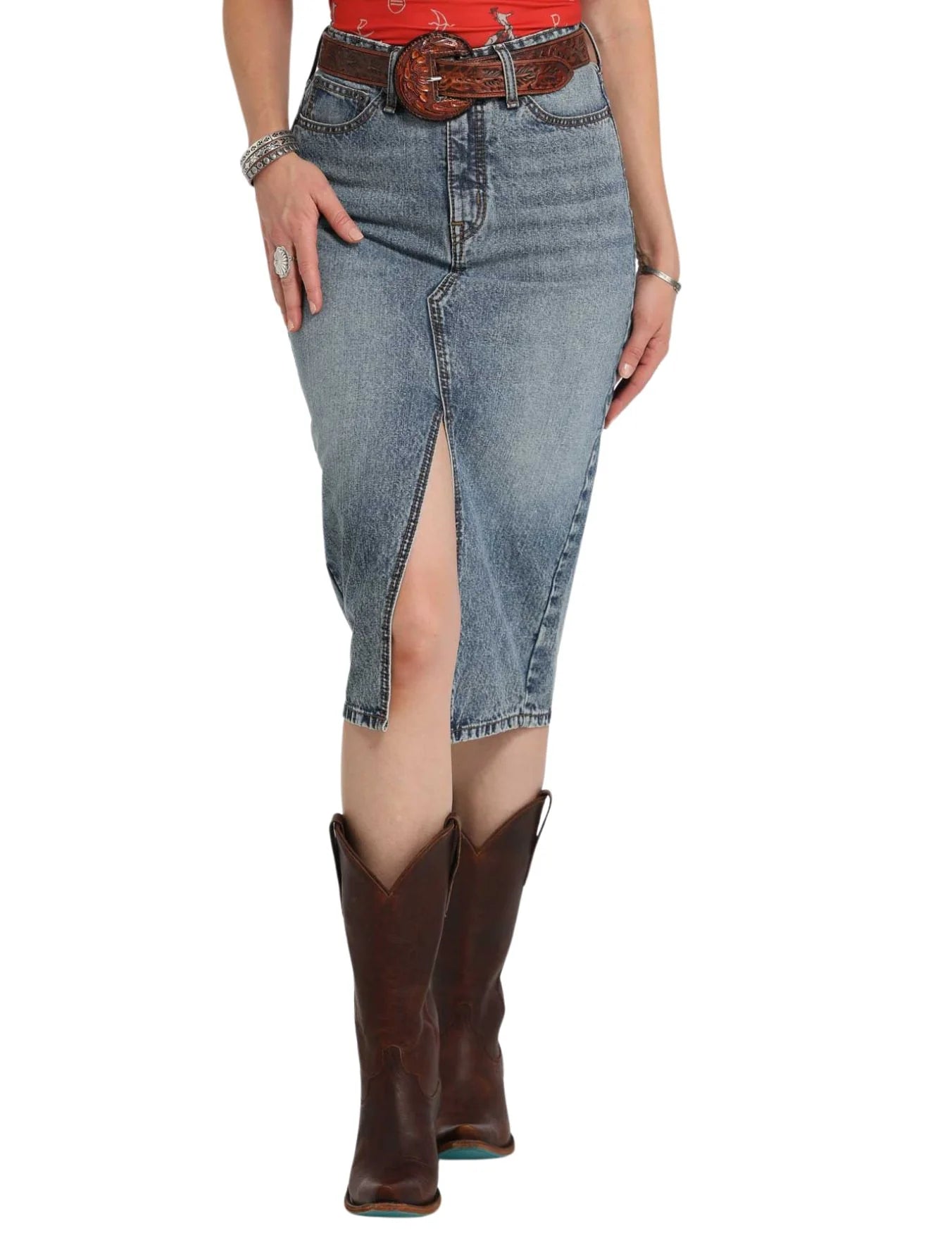 LADIES CRUEL GIRL DENIM HIGH RISE MIDI SKIRT