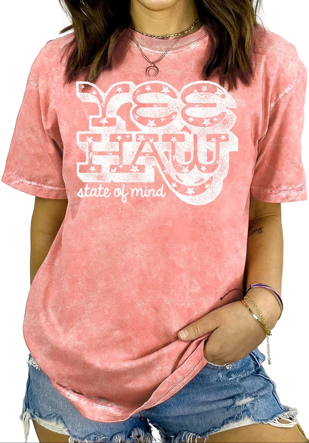 YEE HAW STATE OF MIND CORAL MINERAL WASH TEE