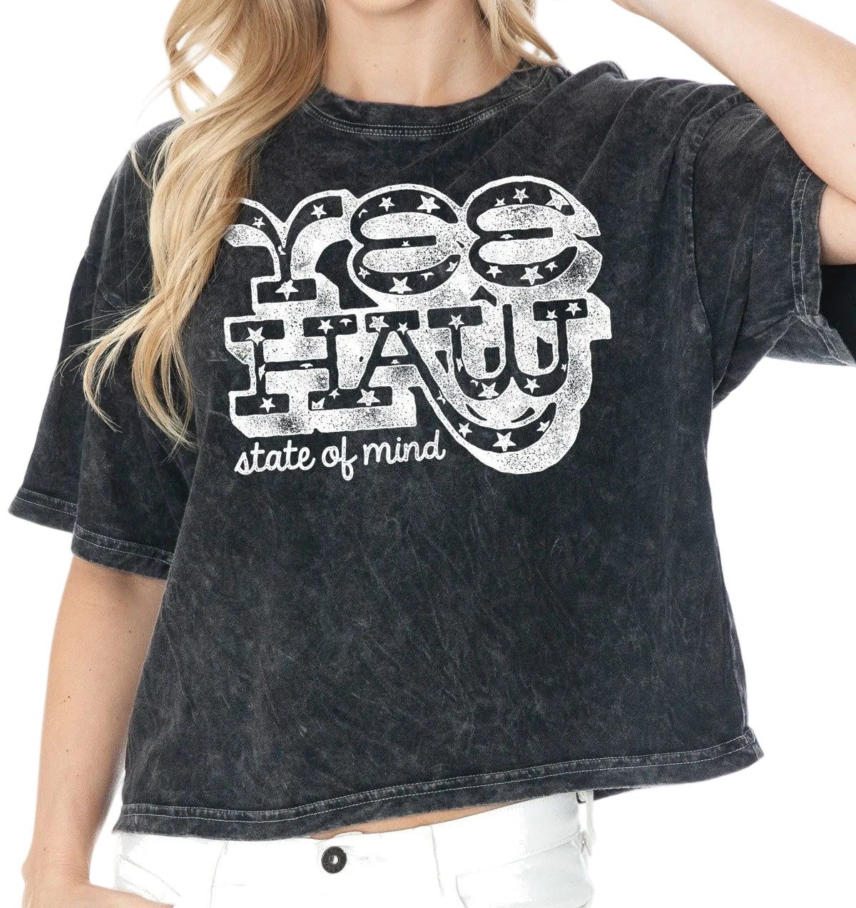 YEE HAW STATE OF MIND BLACK MINERAL WASH CROP TOP