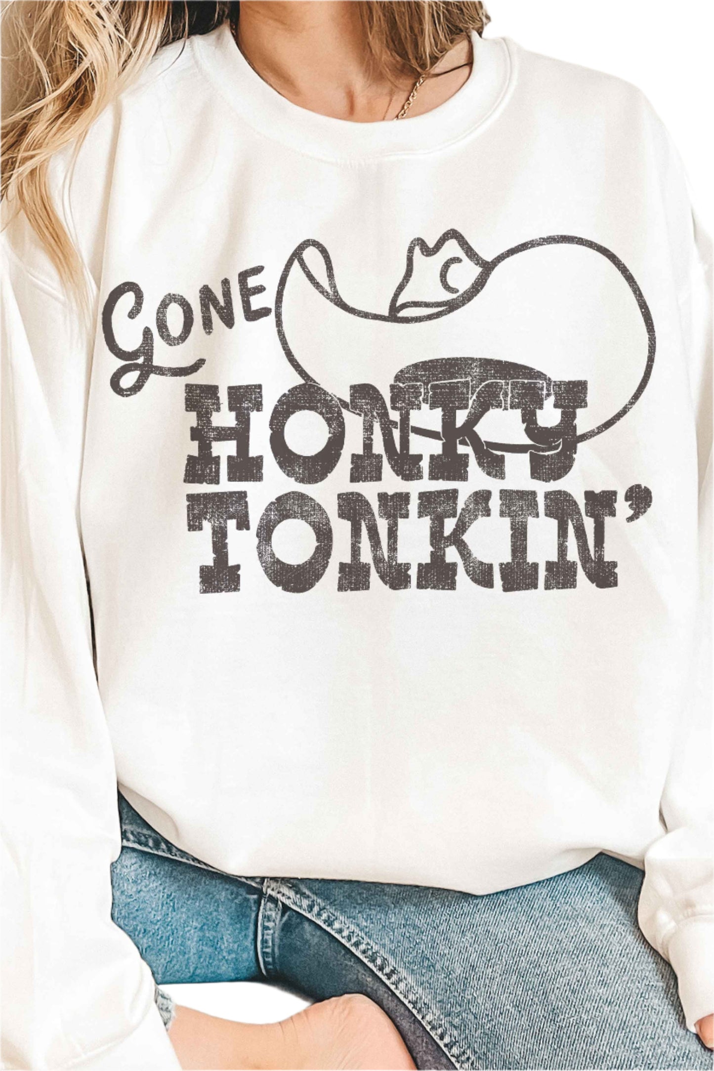 GONE HONKY TONKIN WESTERN GRAPHIC SWEATSHIRT in WHITE