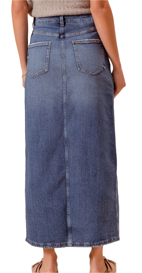 STRAIGHT DENIM LONG SKIRT WITH FRONT SLIT