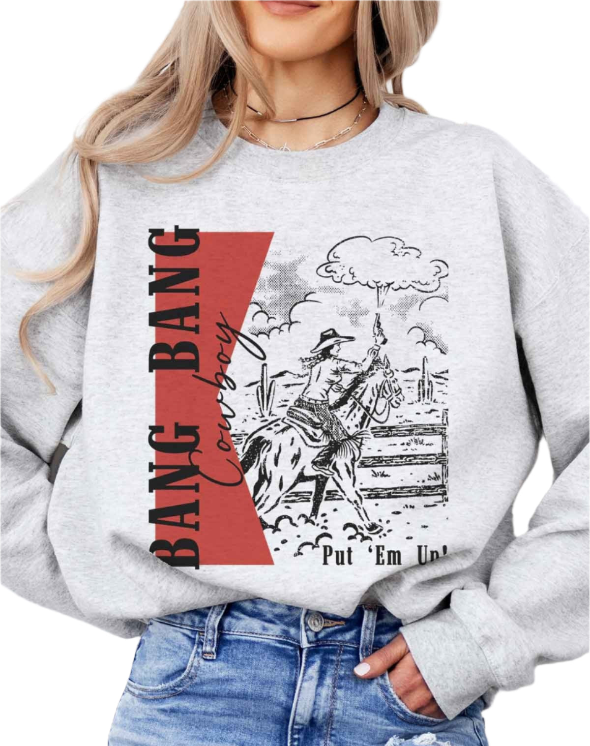 BANG BANG COWBOY PUT EM UP GRAPHIC SWEATSHIRT in ASH
