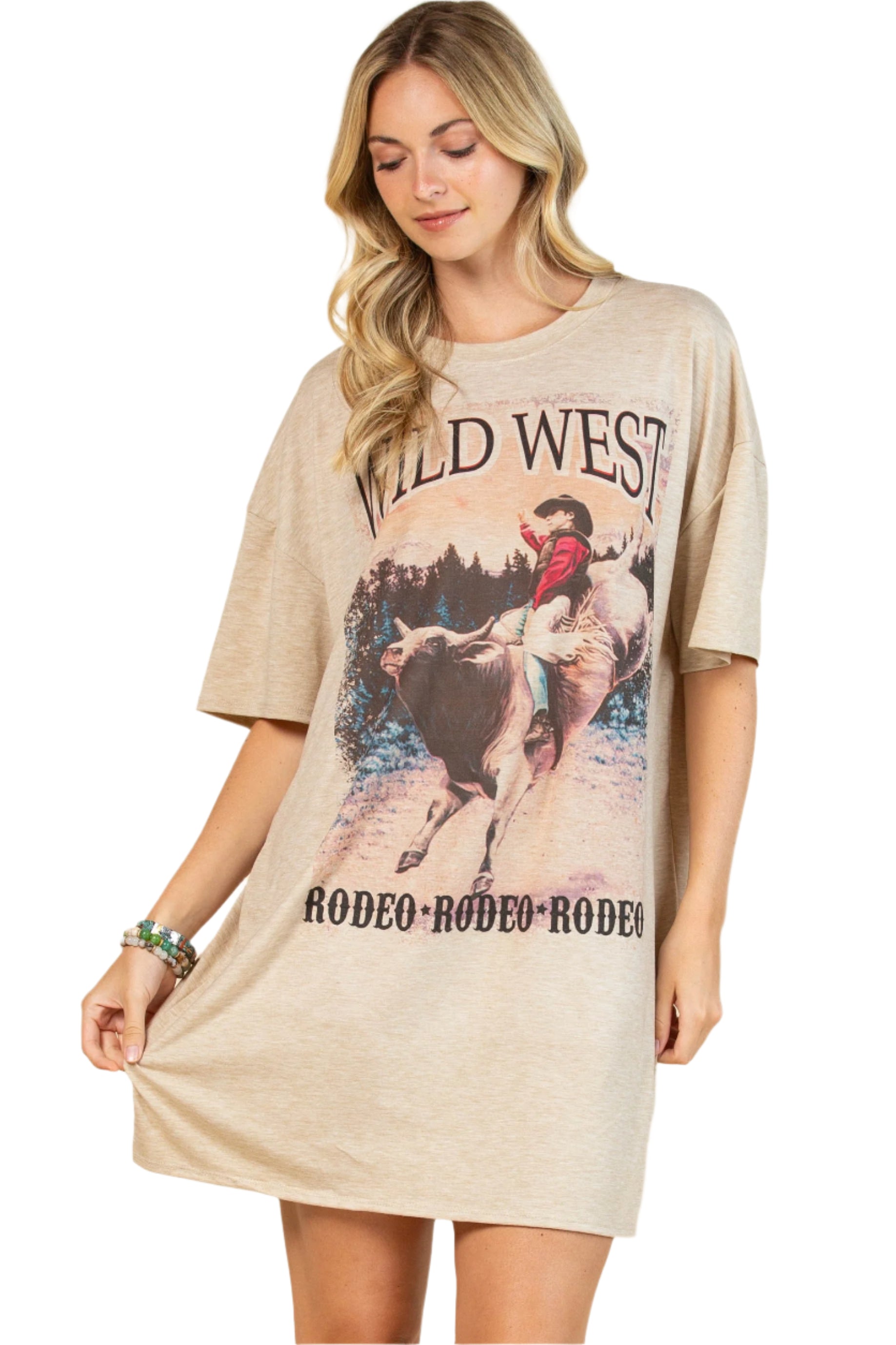 LADIES WILD WEST RODEO GRAPHIC T-SHIRT DRESS in CARMEL | WOMENS TOPS | FREDERICKSBURG Yee Haw Ranch Outfitters LADIES WILD WEST RODEO GRAPHIC T-SHIRT DRESS in CARMEL | WOMENS TOPS | FREDERICKSBURG Yee Haw Ranch Outfitters