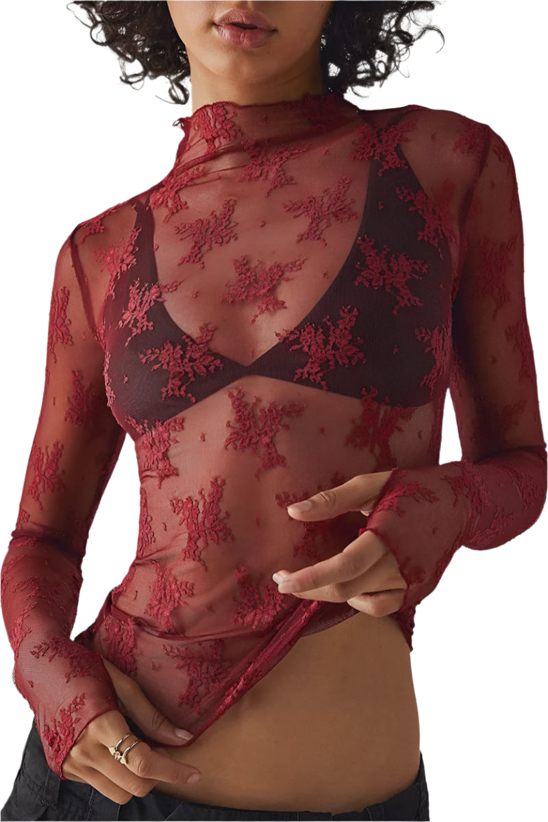 MOCK NECK LONG SLEEVE LACE MESH TOP in WINE