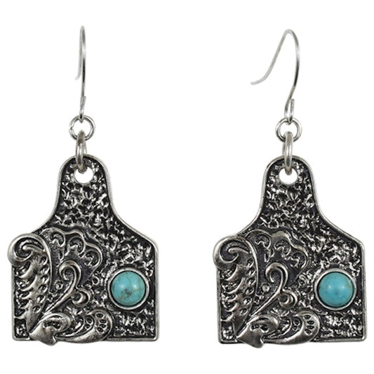 JUSTIN EARRINGS FILIGREE COW TAG WITH TURQ COLORED STONE