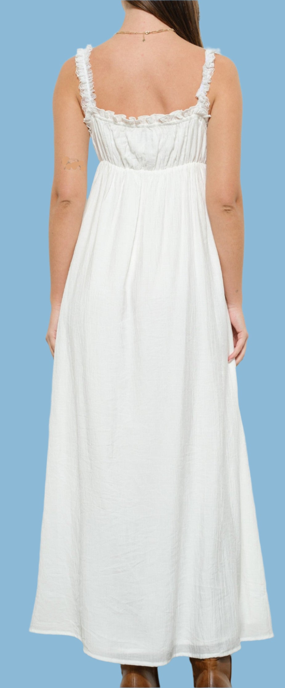LACE STRAP MAXI PEASANT DRESS in OFF WHITE