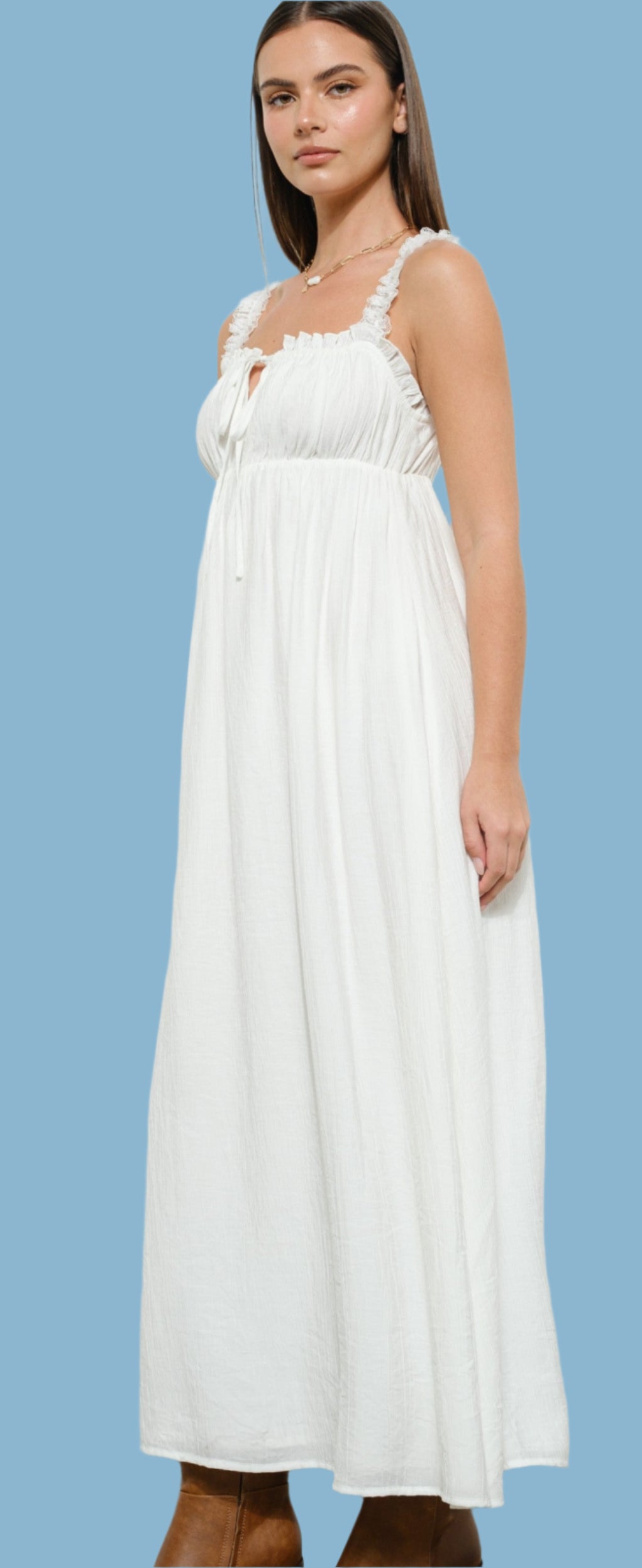 LACE STRAP MAXI PEASANT DRESS in OFF WHITE