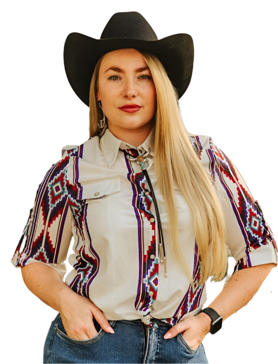 LADIES IVORY AZTEC PEARL SNAP WESTERN SHIRT
