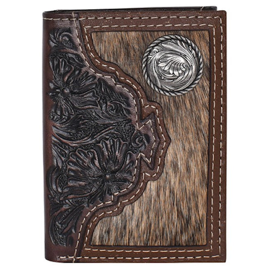 JUSTIN MEN'S TRIFOLD WALLET HAIR ON HIDE with TOOLED YOKE