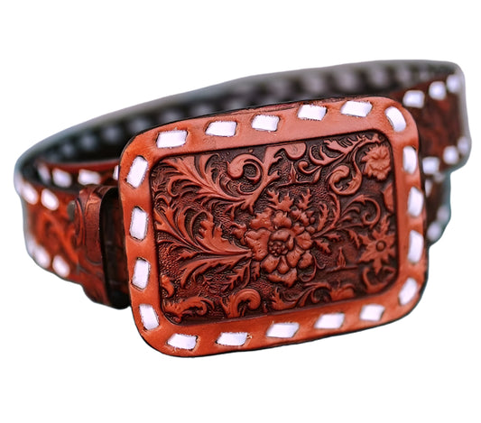 MOHOGANY TOOLED LEATHER BELT WITH IVORY BUCKSTITCH