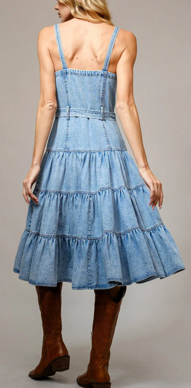 GARMENT WASHED DENIM TIERED ZIP FRONT MIDI DRESS