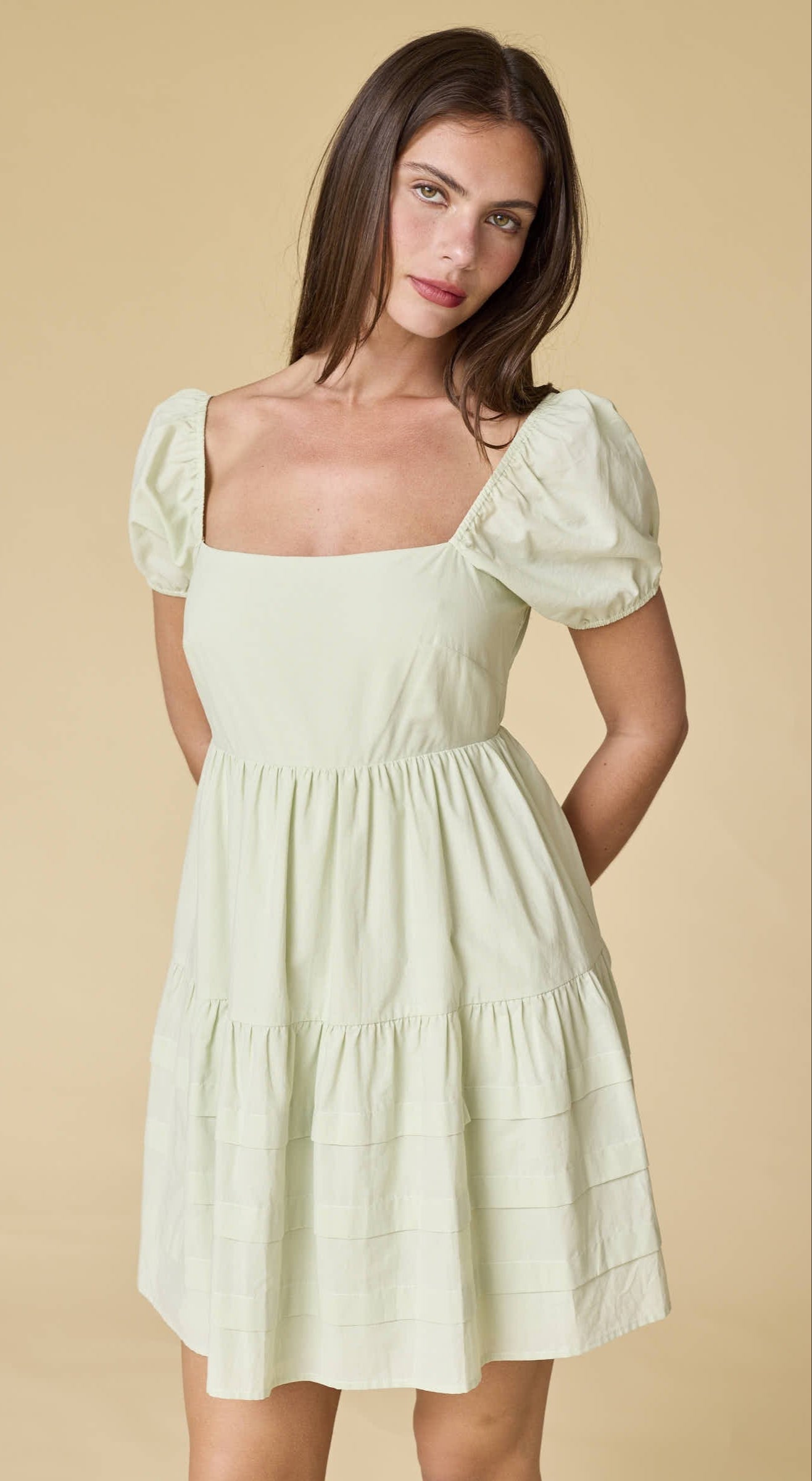 PUFF SLEEVE TIERED MINI DRESS in SAGE