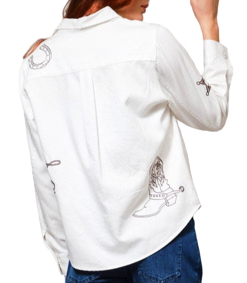 WESTERN EMBROIDERED PEARL SNAP SHIRT in WASHED WHITE