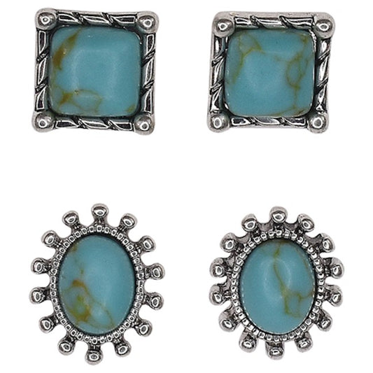 JUSTIN EARRING 2 PAIR FIXED POST SQUARE AND OVAL FRAMED TURQUOISE COLORED STONE